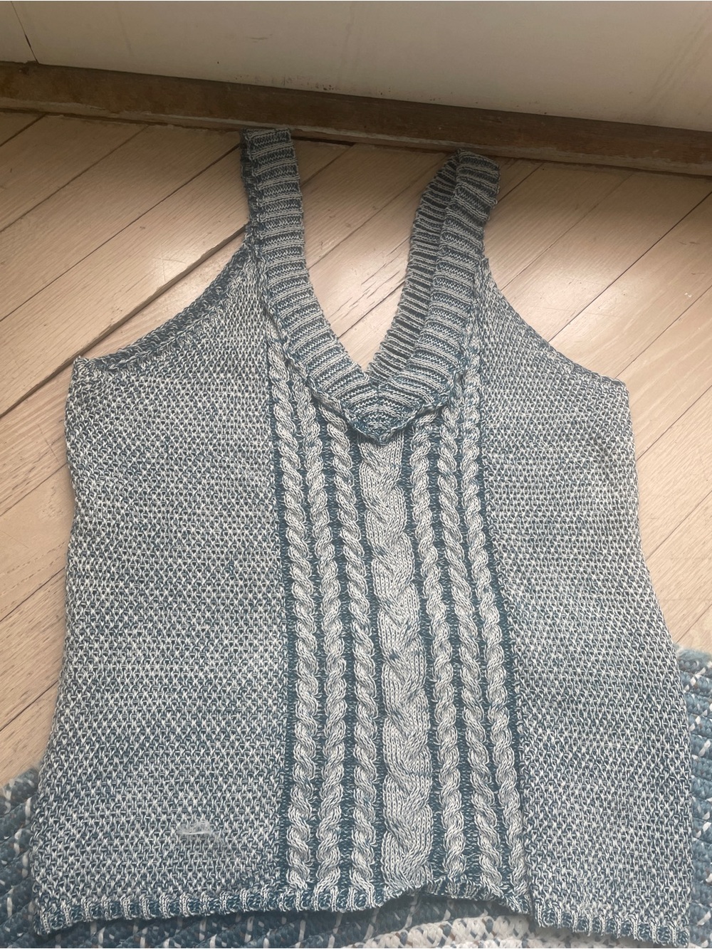 Hand-Knit Cable Front V-Neck Sweater Tank in Heathered Blue-Grey